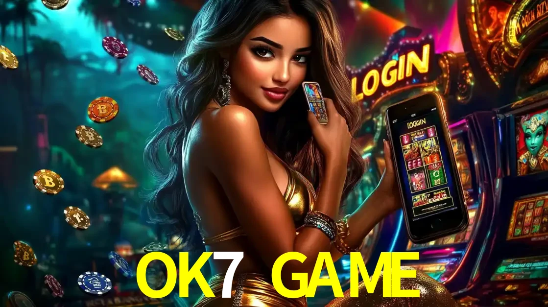 Mulher em um cenário de cassino temático de aventura, mostrando o app de caça-níqueis da OK7 GAME no celular. Fichas de apostas flutuam ao redor.