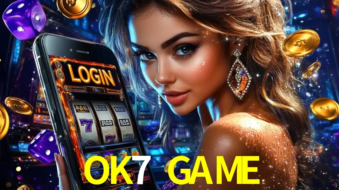 Mulher glamorosa segurando um smartphone com a tela de login para os jogos de caça-níqueis do cassino online OK7 GAME, com moedas de ouro e dados ao redor.