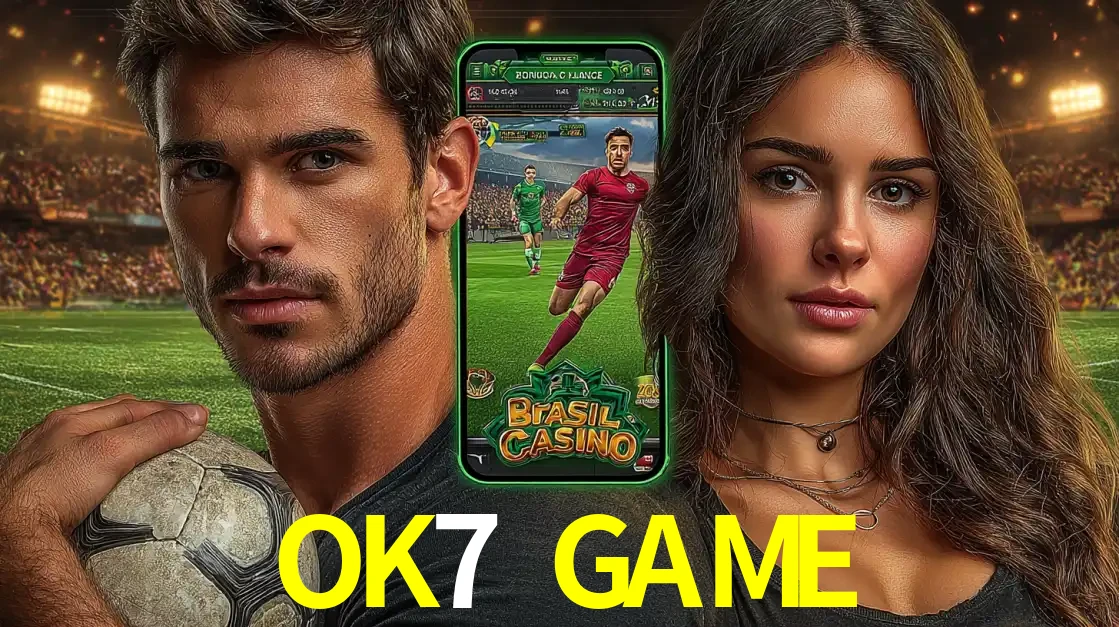 Homem segurando uma bola de futebol e uma mulher ao lado de um smartphone exibindo o jogo de apostas esportivas da OK7 GAME. Faça seu palpite no cassino online.